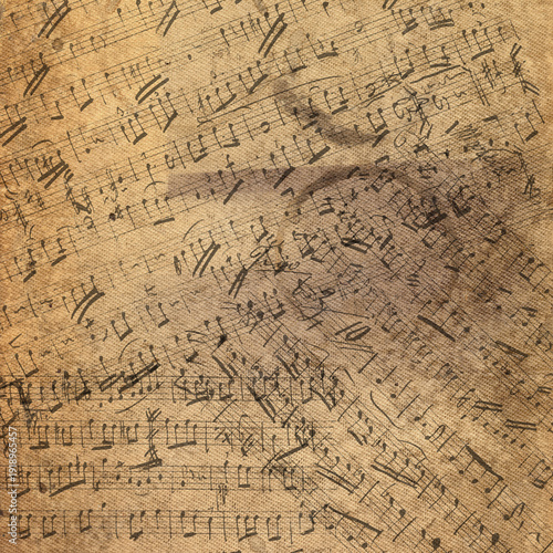 Vintage Musical Notes Background with Antique Sheet Music Texture, Aged Paper, Distressed Grunge Overlay, Classical Manuscript Pattern, Retro Music Score Design for Posters, Album Covers and Creative 