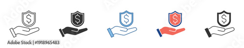 Financial protection vector icons illustrating a hand holding a dollar shield, symbolizing secure investment, comprehensive insurance, and robust monetary safeguards