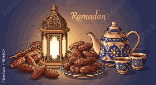 A serene Ramadan scene featuring dates, lantern, and teapot on a decorative tabletop viewed from above.