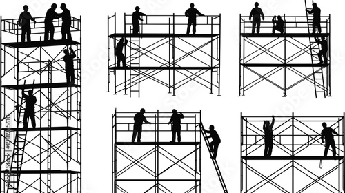 Construction workers on scaffolding silhouettes isolated on white background building industry safety vector illustration set