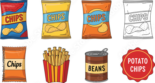 Snack packaging cartoon illustration set. Chip bags, french fries carton and beans can in playful hand drawn style. Food branding collection isolated on white background.