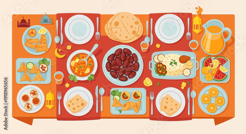 Festive ramadhan dinner setup on a vibrant orange tablecloth with traditional food and drinks, viewed from directly above