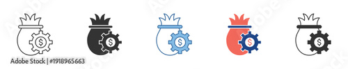 Symbolic vector graphic showing financial process management, cost efficiency, and wealth growth through an integrated money bag and cog icon design, ideal for business and economic concepts