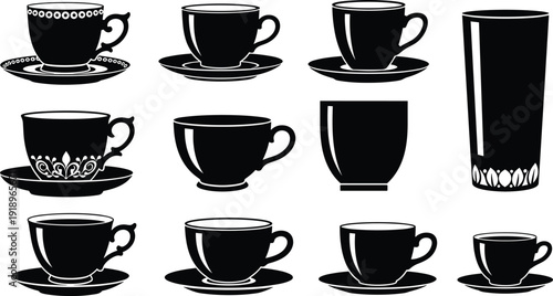 Coffee cup and mug silhouettes collection isolated on white background kitchen drinkware vector illustration set