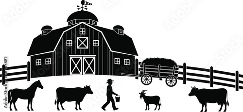 Farm landscape with barn and animals silhouette, cad drawing flat vector illustration featuring farmer, cows, horse, goat, and hay wagon.