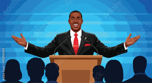 Smiling African American Man Speaker at Podium Addressing Audience Vector Illustration