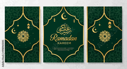 Islamic Ramadan Kareem greeting card template with ornate gold designs and green background for festive celebrations