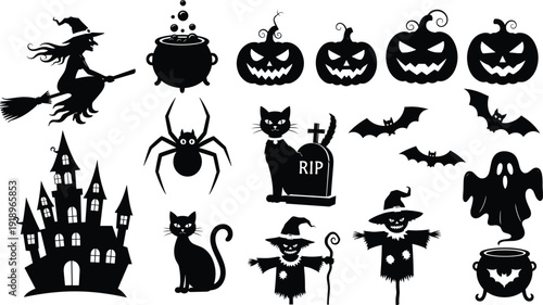Halloween spooky silhouettes icons set, cad drawing flat vector illustration featuring witch, haunted house, pumpkins, cats, spiders, and graveyard horror elements.
