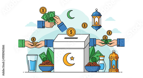 Multiple hands donating money into a charity box with crescent moon symbol during Ramadhan