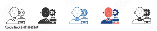 Dynamic Icon Collection of a Business Professional with a Briefcase and Gear, Symbolizing Strategic Thinking, Problem-Solving, Innovation, and Efficient Management Processes