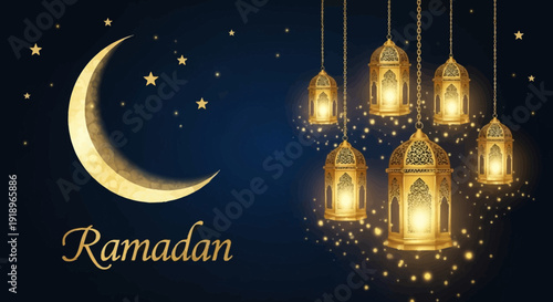 Celebrating Ramadan with crescent moon and lanterns in a starry night sky