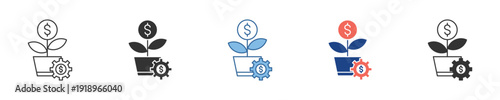 Strategic Financial Growth Icons Money Plant with Gear Symbolizing Investment and Business Optimization for Wealth Creation and Economic Development