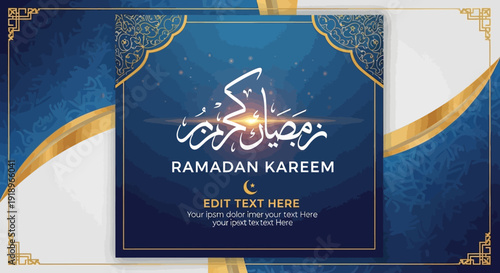 Elegant Ramadan greeting card design with golden accents and arabic calligraphy on blue background template