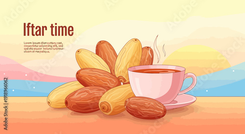 Ramadhan iftar time with dates, coffee, and almonds on a serene landscape viewed from a serene viewpoint