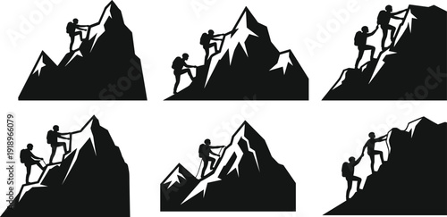 Mountain climbing and rock scaling silhouettes set, cad drawing flat vector illustration featuring hikers, mountaineers, peaks, and outdoor adventure team symbols.