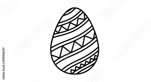 Easter egg outline vector, black and white line art, minimal modern icon, geometric decorative stripes, isolated on white background, editable stroke, scalable SVG, clean design for print and web