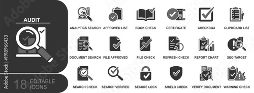 Audit icon set. Containing search check, approved list, certificate, checkbox, clipboard, document review, report chart, shield lock, warning and more. Solid vector icons collection.