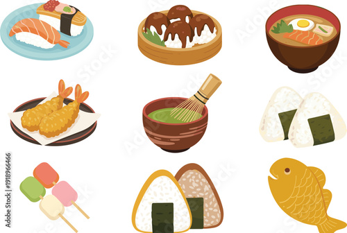 Japanese, food, set, sushi, ramen, tempura, onigiri, matcha, dango, taiyaki, traditional, cuisine, asian, meal, restaurant, menu, vector, illustration, collection, icons