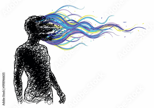 Abstract illustration of a person with colorful, wavy hair flowing against a white background, evoking a sense of movement and imagination