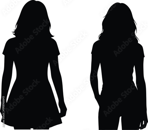 Women silhouette set, young female standing pose in casual fashion vector illustration