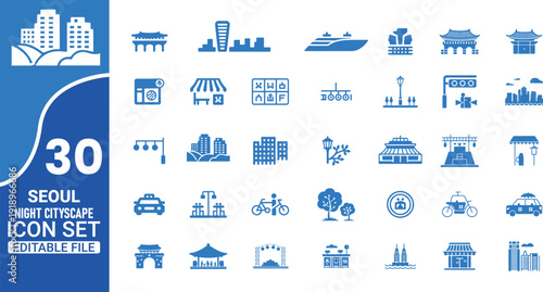 30 Seoul skyline and urban icon set featuring and architectural designs