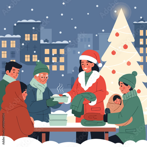 Volunteers giving food and clothes to people during Christmas season