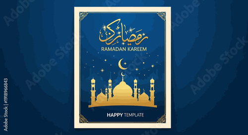 Celebrating Ramadhan with golden mosque and crescent moon illustration on blue background template