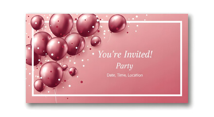 A pink invitation card with bubbles and a party message.