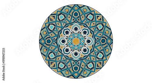 Intricate Islamic pattern illustration featuring ramadhan motifs in a circular mandala design viewed from directly above
