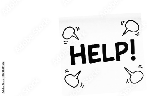 A hand drawn illustration of a help sign with speech bubbles on a graph paper background.