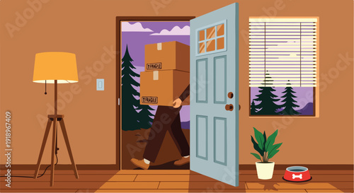 Man Carrying Stack of Brown Cardboard Boxes Through Open Door Illustration