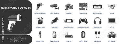 Electronics devices icon set. Containing barcode scanner, CCTV camera, PC, clock, camera, drone, earbuds, flash drive, router, VR headset and more. Solid fill vector icons collection.