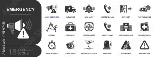 Emergency icon set. Containing alert megaphone, ambulance, emergency call, exit door, fire exit, first aid kit, hospital, siren, warning sign and more. Solid fill vector icons collection.