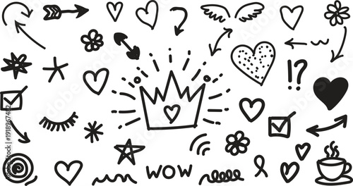 Hand drawn doodle icons including hearts and arrows