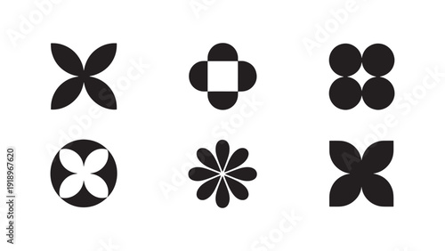 Set of Minimalist Black Geometric Floral and Abstract Shapes Vector Icons for Branding, Logos, Patterns, and Decorative Design Elements