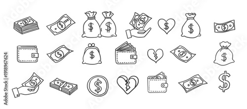 Vector illustration of various money and finance icons and symbols