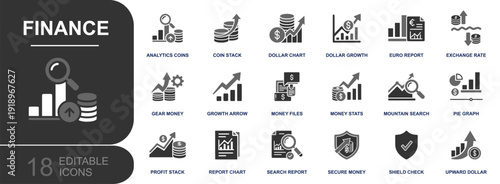 Finance icon set. Containing coin stack, dollar chart, growth arrow, exchange rate, euro report, profit, money stats, report search, secure money, pie graph and more. Solid fill vector icons