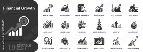 Financial growth icon set. Containing profit chart, coin growth, dollar trend, money up, cash hand, investment, wealth management, target growth and more. Solid fill vector icons collection.
