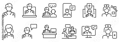 Doctor Medical Icon Set – Editable Stroke Outline Vector for Healthcare, Clinic, Hospital, Telemedicine