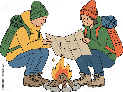 Two hikers reading map by campfire, camping adventure cartoon illustration with backpacks and winter clothing isolated on white background