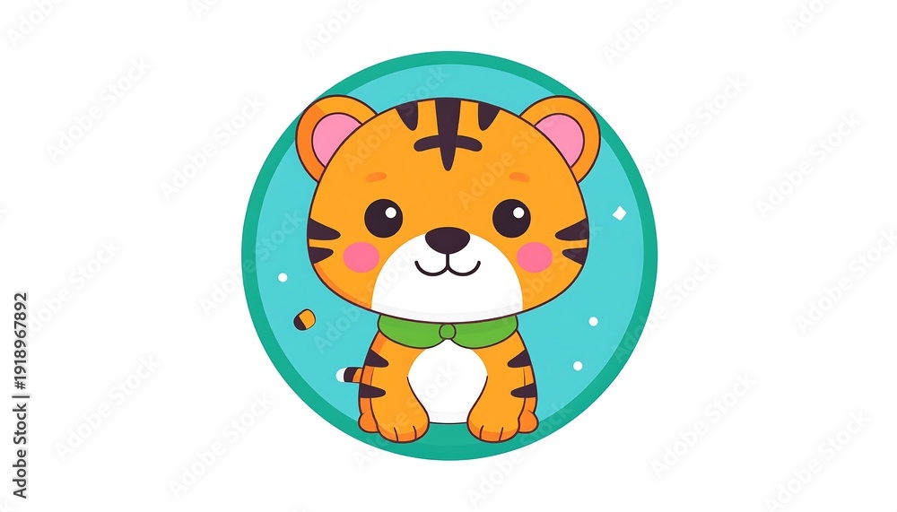 Fototapeta premium Adorable tiger cub illustration with green scarf standing in circular frame surrounded by white dots