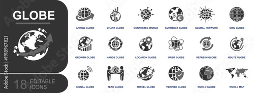 Globe icon set. Containing world map, global network, location pin, route, orbit, currency, hands globe, growth chart, verified earth and more. Solid fill vector icons collection pack.