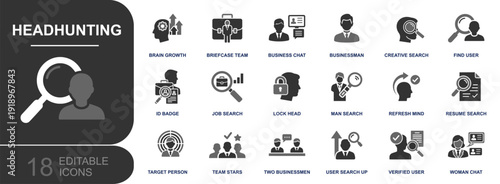 Headhunting icon set. Containing recruitment, job search, resume review, candidate selection, executive search, HR chat, verified user, ID badge, team and more. Solid fill vector icons.