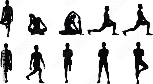 Male fitness exercise silhouettes collection with stretching and lunges isolated on white background workout training vector illustration set