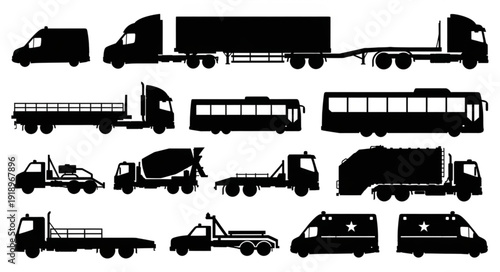 Collection of various truck and vehicle silhouettes isolated on white.