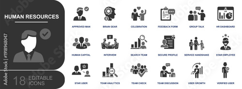 Human resources icon set. Containing HR dashboard, interview, feedback form, onboarding, team analytics, secure profile, star employee, verified user and more. Solid fill vector icons.