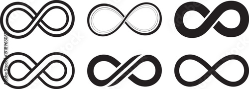 Modern Infinity Symbol Icon Set: Minimalist Silhouette Collection of Infinite Loops, Mathematical Symbols, and Eternal Connection Vectors.