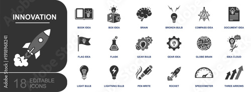 Innovation icon set. Containing idea bulb, brain, flask, gear concept, rocket launch, compass guide, document idea, idea cloud, speedometer and more. Solid fill vector icons collection.