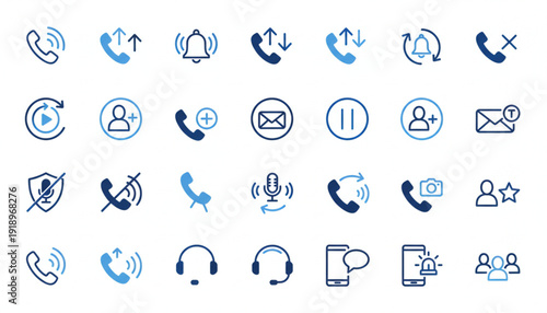 Communication icons set for different modes of interaction and connection, including voice and video calls, messaging, and notifications