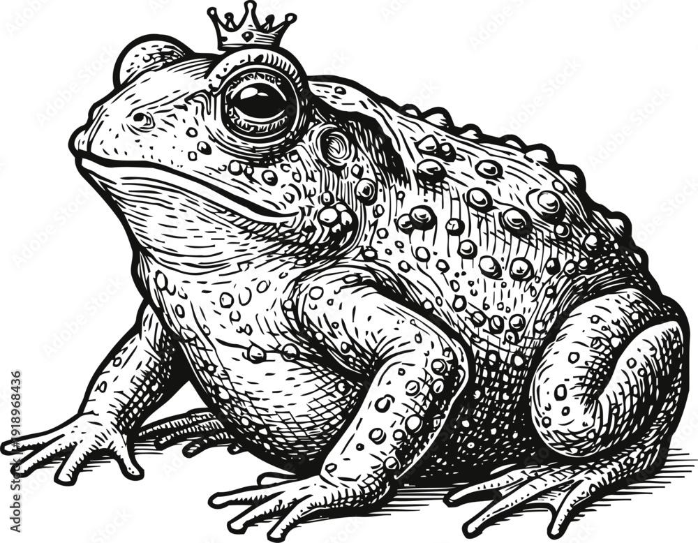 Naklejka premium royal toad with crown sitting poised hand drawn detailed amphibian prince illustration vintage nature sketch and fantasy creature